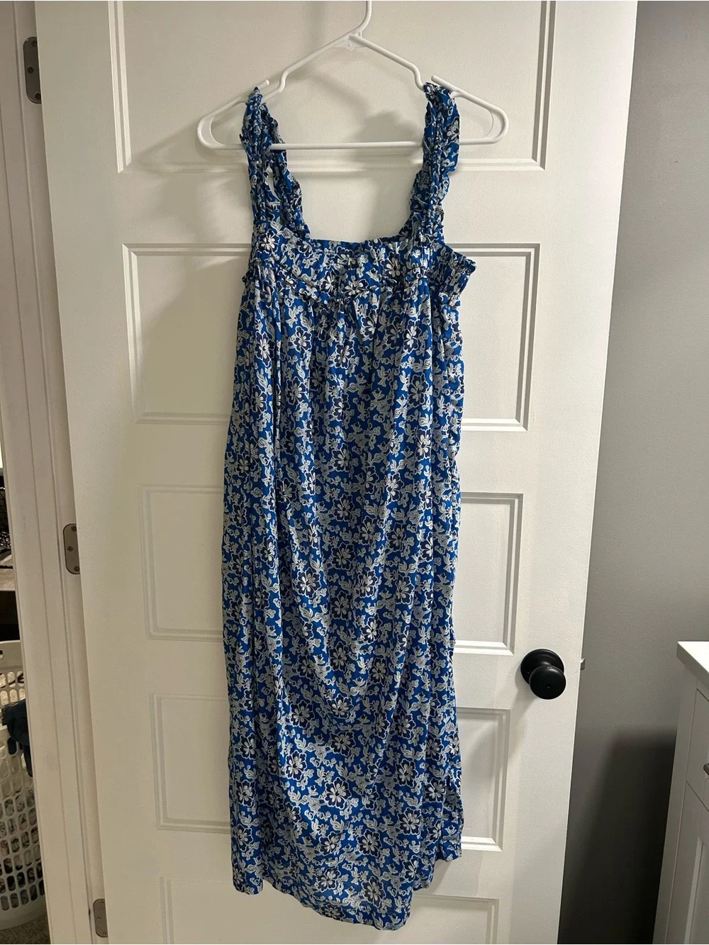 •J Crew• blue floral voile ruffle trim midi shift dress
